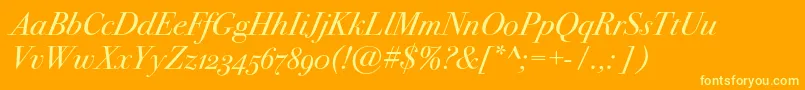 Bodoni72oscItalic-Schriftart – Gelbe Schriften auf orangefarbenem Hintergrund
