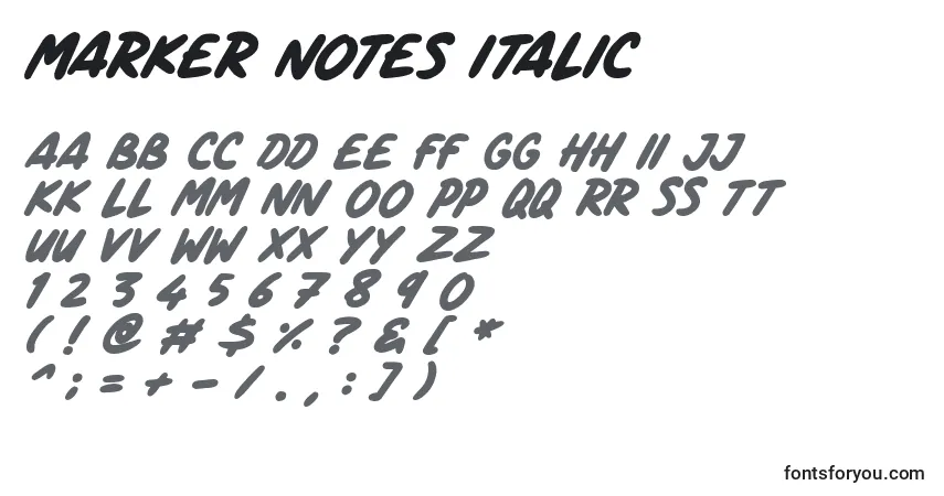 Schriftart Marker Notes Italic – Alphabet, Zahlen, spezielle Symbole