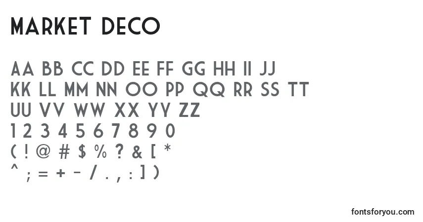 Schriftart Market Deco – Alphabet, Zahlen, spezielle Symbole