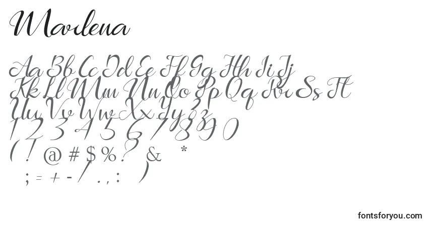 A fonte Marlena – alfabeto, números, caracteres especiais