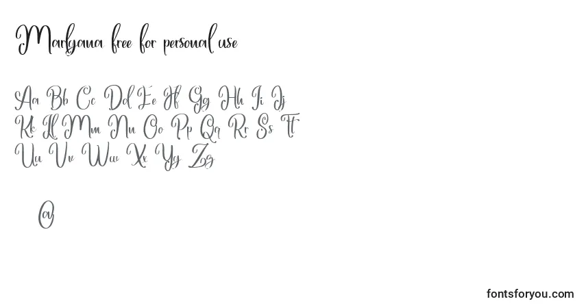 Schriftart Marlyana free for personal use – Alphabet, Zahlen, spezielle Symbole