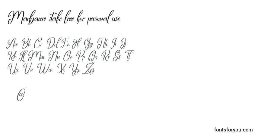 Czcionka Marlyana italic free for personal use – alfabet, cyfry, specjalne znaki