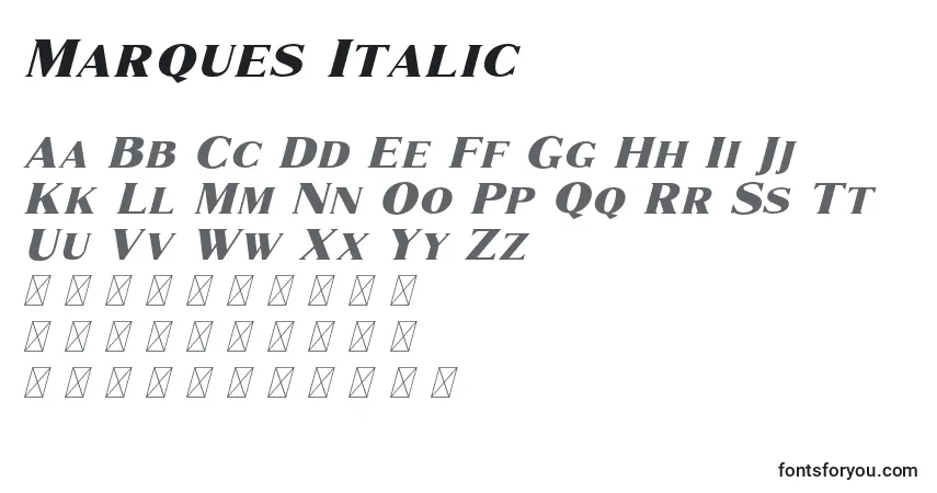 Czcionka Marques Italic – alfabet, cyfry, specjalne znaki