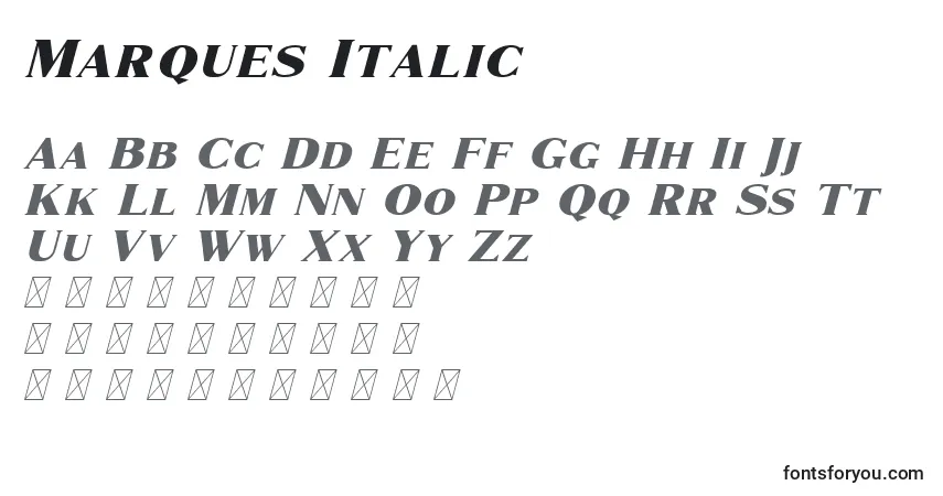 Czcionka Marques Italic (133638) – alfabet, cyfry, specjalne znaki