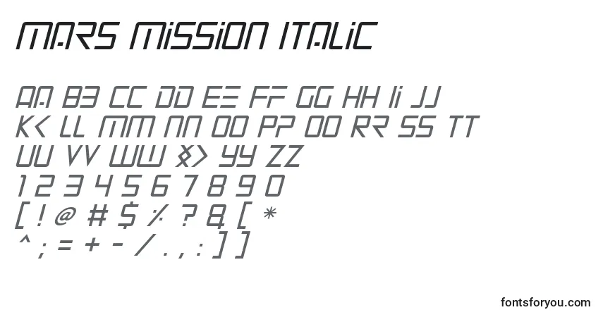 Шрифт Mars Mission Italic – алфавит, цифры, специальные символы