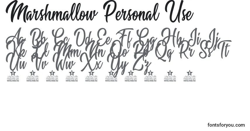 Schriftart Marshmallow Personal Use – Alphabet, Zahlen, spezielle Symbole