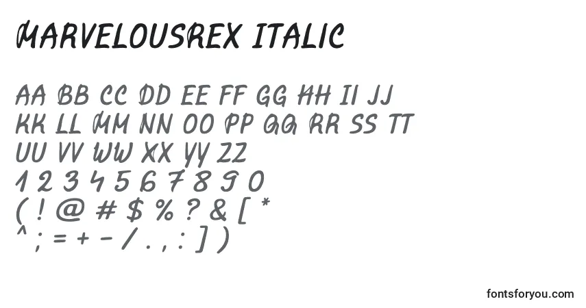 Czcionka MarvelousRex Italic – alfabet, cyfry, specjalne znaki