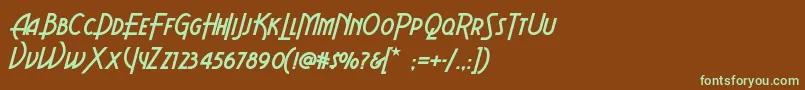 フォントAeroviasbrasilnf – 緑色の文字が茶色の背景にあります。