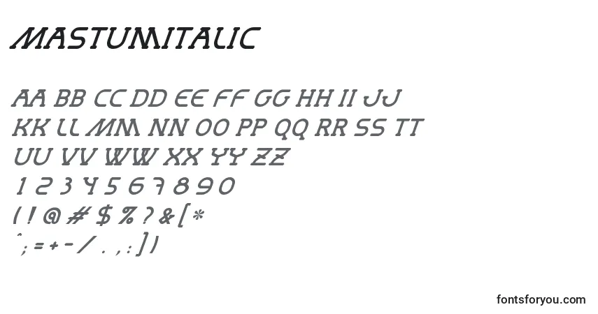 Czcionka MastumItalic – alfabet, cyfry, specjalne znaki
