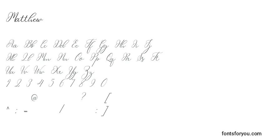 Czcionka Matthew – alfabet, cyfry, specjalne znaki