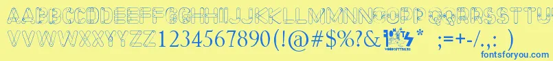 Meccano Font-Schriftart – Blaue Schriften auf gelbem Hintergrund
