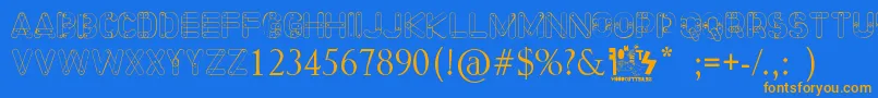 Meccano Font Font – Orange Fonts on Blue Background