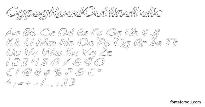 A fonte GypsyRoadOutlineItalic – alfabeto, números, caracteres especiais