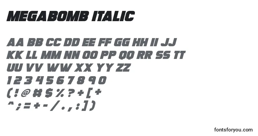 Schriftart Megabomb Italic – Alphabet, Zahlen, spezielle Symbole