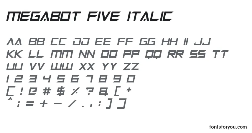 Schriftart Megabot Five Italic – Alphabet, Zahlen, spezielle Symbole