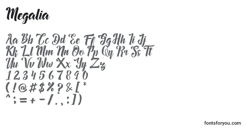 Czcionka Megalia – alfabet, cyfry, specjalne znaki