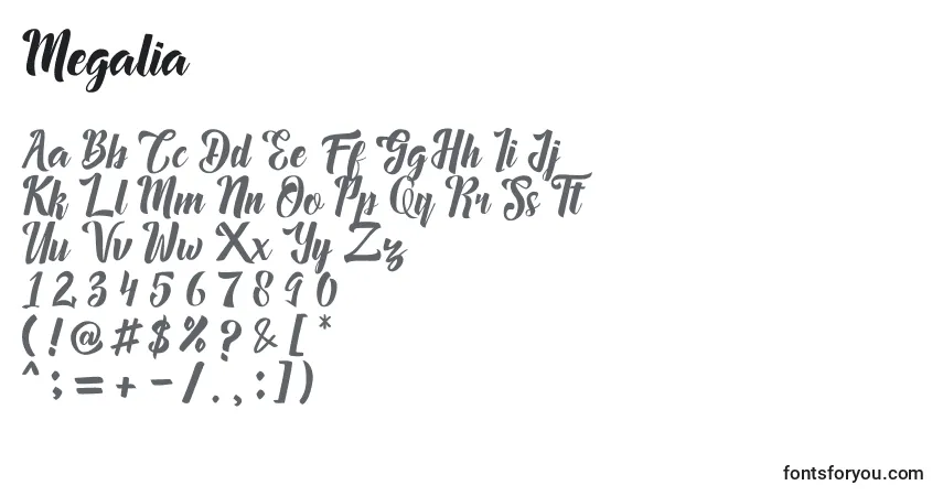 Schriftart Megalia (133971) – Alphabet, Zahlen, spezielle Symbole