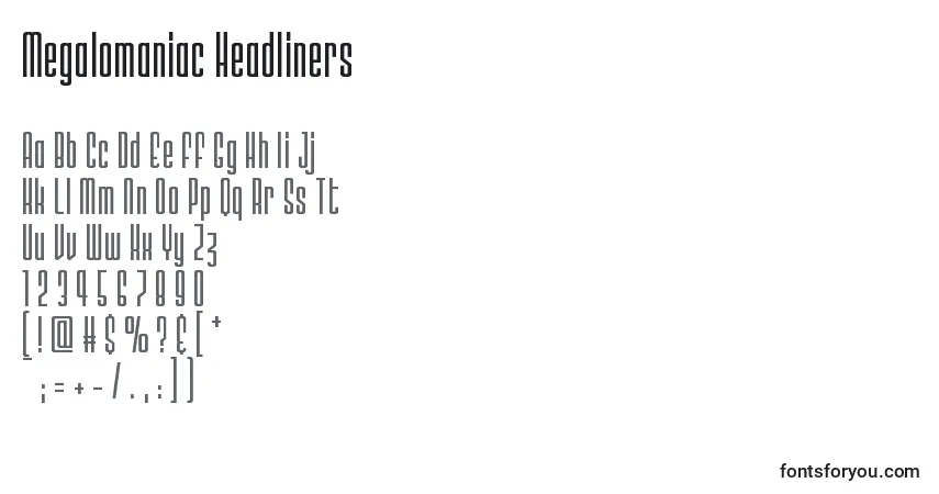 Шрифт Megalomaniac Headliners – алфавит, цифры, специальные символы
