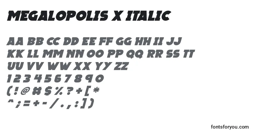Schriftart Megalopolis X Italic – Alphabet, Zahlen, spezielle Symbole