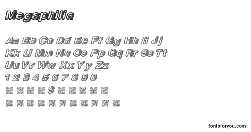 Czcionka Megaphilia – alfabet, cyfry, specjalne znaki