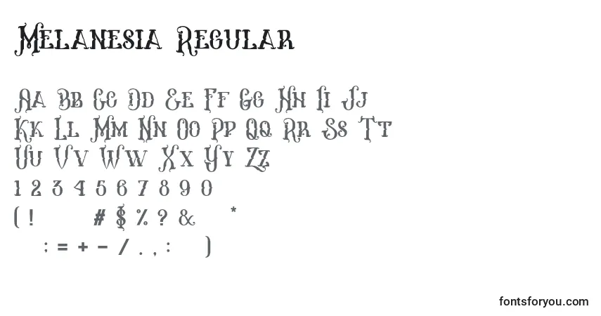 Schriftart Melanesia Regular – Alphabet, Zahlen, spezielle Symbole
