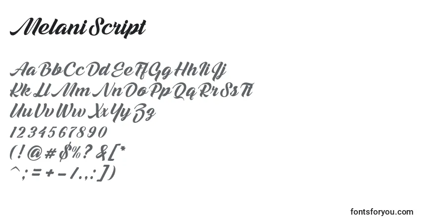 A fonte Melani Script – alfabeto, números, caracteres especiais