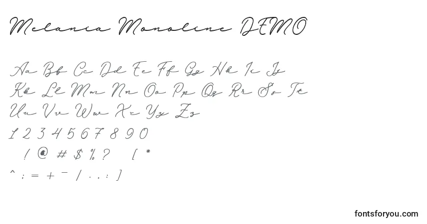 Schriftart Melania Monoline DEMO – Alphabet, Zahlen, spezielle Symbole