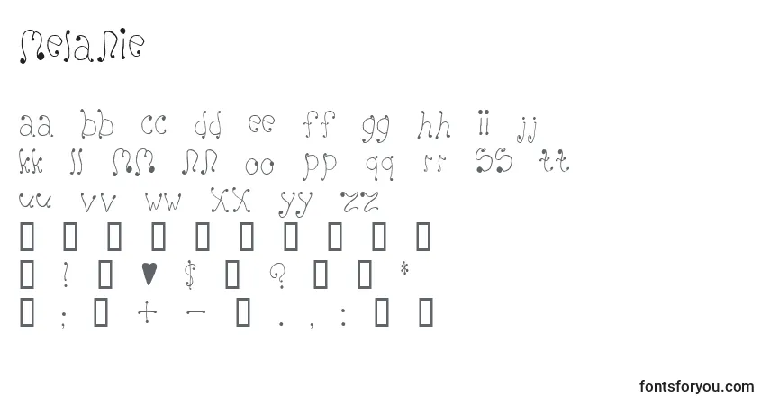 A fonte Melanie (134004) – alfabeto, números, caracteres especiais