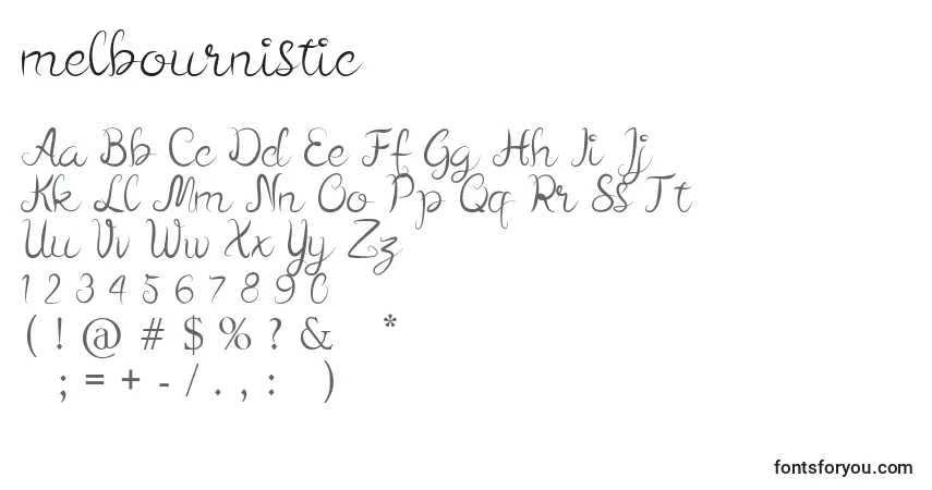Schriftart Melbournistic – Alphabet, Zahlen, spezielle Symbole