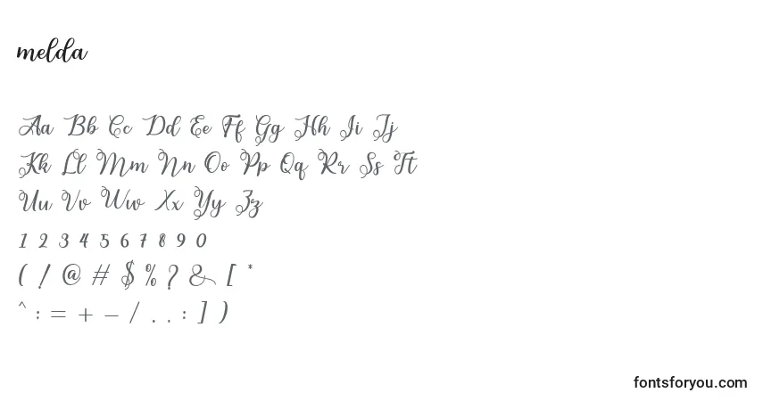 A fonte Melda (134012) – alfabeto, números, caracteres especiais