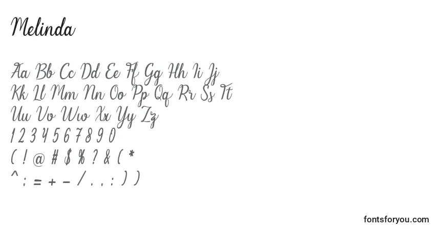 Schriftart Melinda (134015) – Alphabet, Zahlen, spezielle Symbole