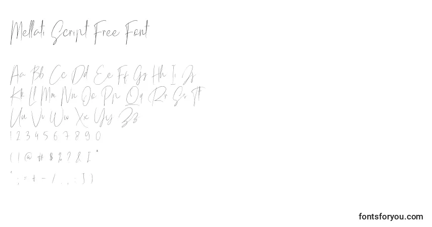 Schriftart Mellati Script Free Font – Alphabet, Zahlen, spezielle Symbole