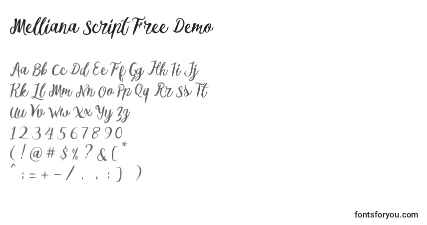 Schriftart Melliana Script Free Demo – Alphabet, Zahlen, spezielle Symbole