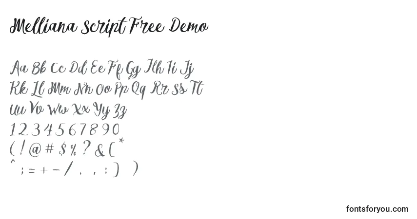 Melliana Script Free Demo (134026)-fontti – aakkoset, numerot, erikoismerkit
