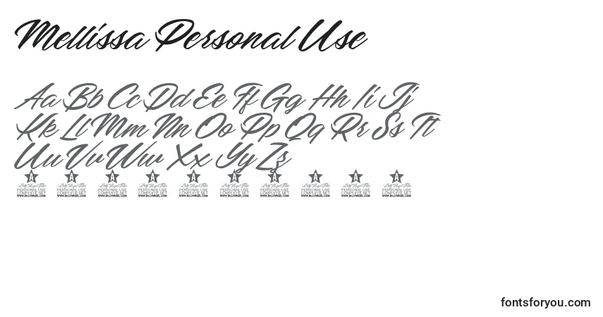 Czcionka Mellissa Personal Use – alfabet, cyfry, specjalne znaki