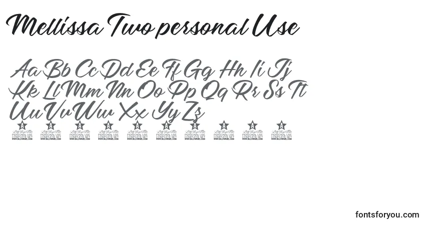 Schriftart Mellissa Two personal Use – Alphabet, Zahlen, spezielle Symbole