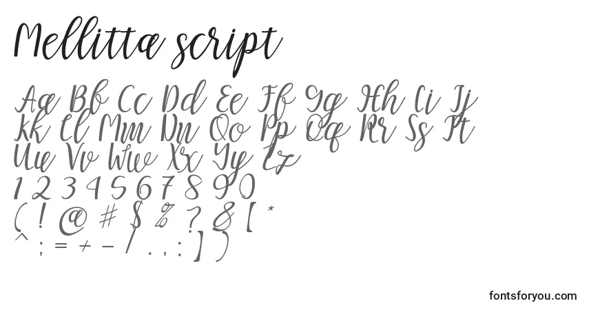 Schriftart Mellitta script (134033) – Alphabet, Zahlen, spezielle Symbole