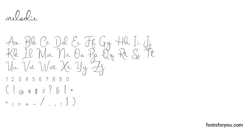 Czcionka Melodie (134048) – alfabet, cyfry, specjalne znaki