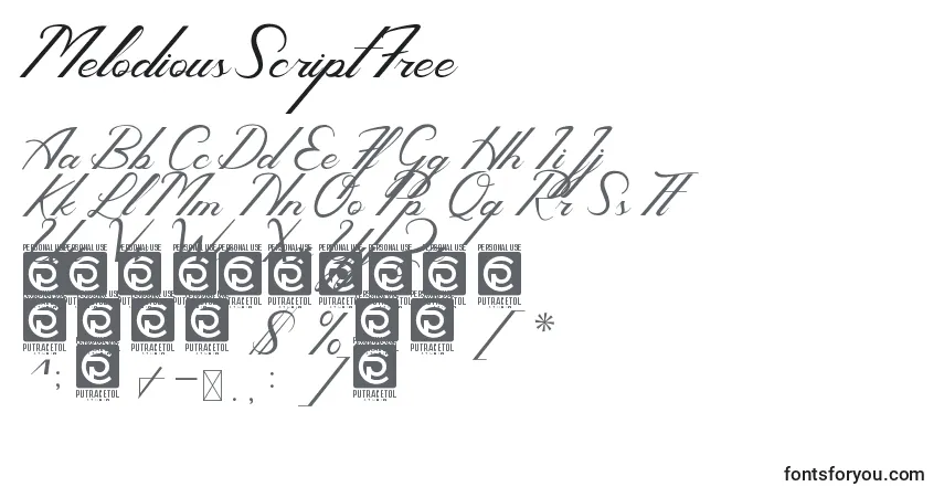 Schriftart MelodiousScript Free – Alphabet, Zahlen, spezielle Symbole