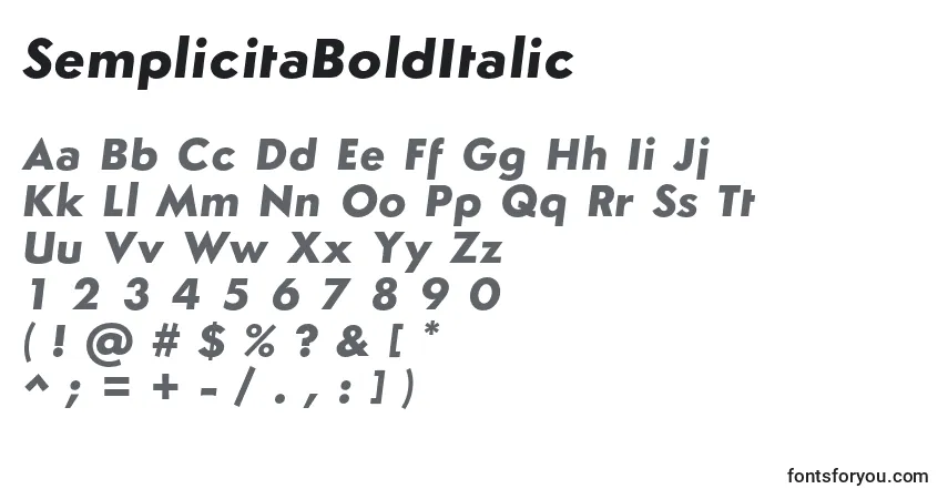 Czcionka SemplicitaBoldItalic – alfabet, cyfry, specjalne znaki