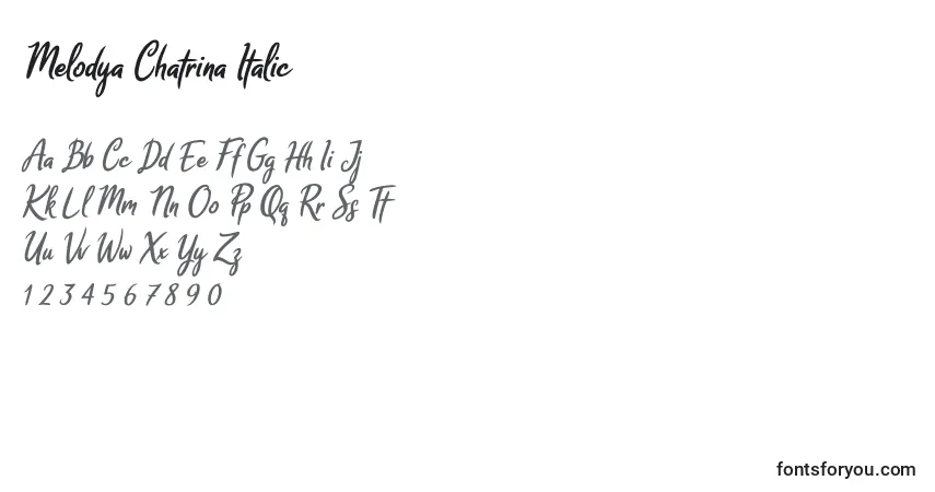 Schriftart Melodya Chatrina Italic – Alphabet, Zahlen, spezielle Symbole