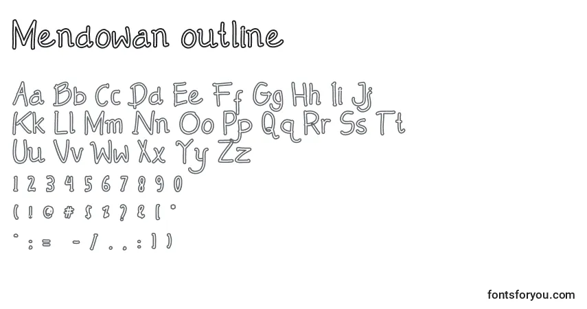 Schriftart Mendowan outline – Alphabet, Zahlen, spezielle Symbole
