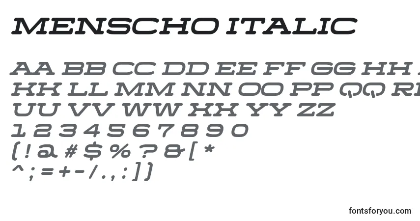 Menscho Italic Font – alphabet, numbers, special characters