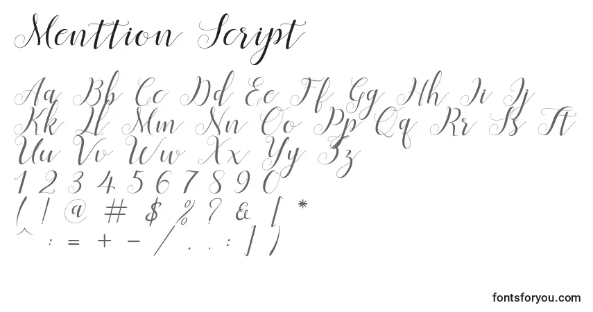 Czcionka Menttion Script – alfabet, cyfry, specjalne znaki