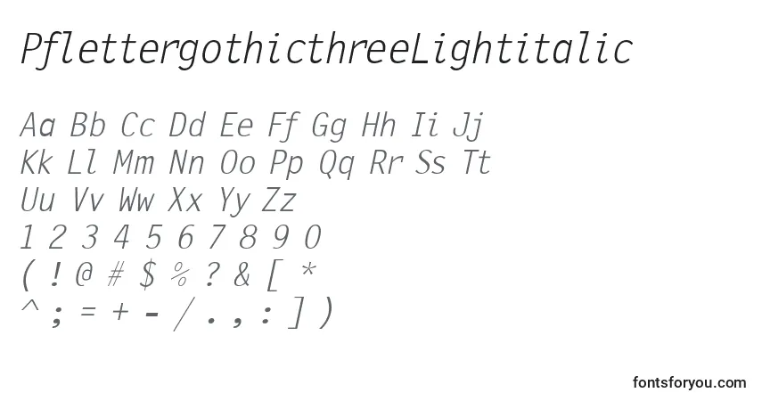 Czcionka PflettergothicthreeLightitalic – alfabet, cyfry, specjalne znaki