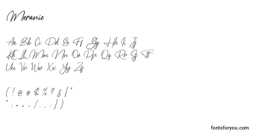 A fonte Meranie (134090) – alfabeto, números, caracteres especiais