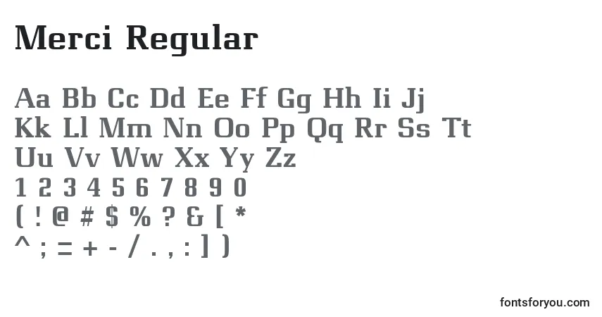 Czcionka Merci Regular – alfabet, cyfry, specjalne znaki