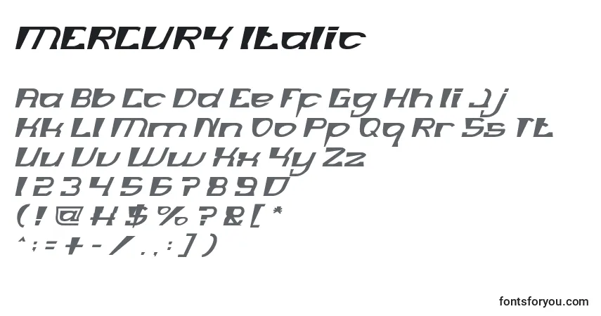 Czcionka MERCURY Italic – alfabet, cyfry, specjalne znaki