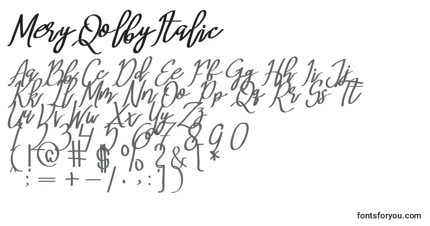 A fonte MeryQolbyItalic – alfabeto, números, caracteres especiais