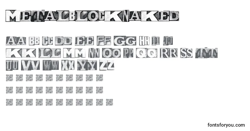 Czcionka MetalblockNaked – alfabet, cyfry, specjalne znaki